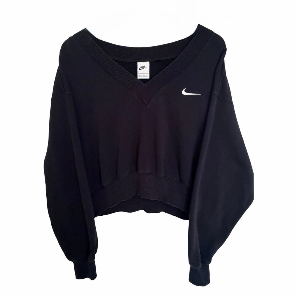 Nike Phoenix Fleece Cropped V Neck Sweatshirt Womens Large Black
